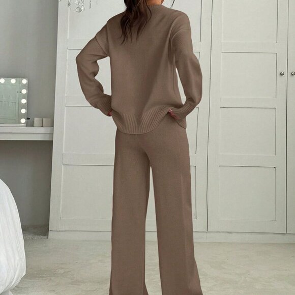 Brown Casual Women's Crew Neck Long Sleeve Sweater And Long Pants Set - Picture 3 of 6